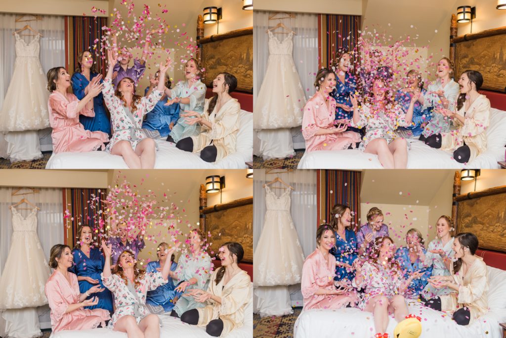 Disney Wedding Confetti Fun Photog with Bridesmaids
