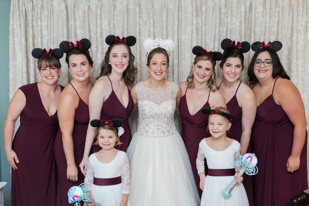 bride and bridesmaids in Minnie ears Disney photo prop