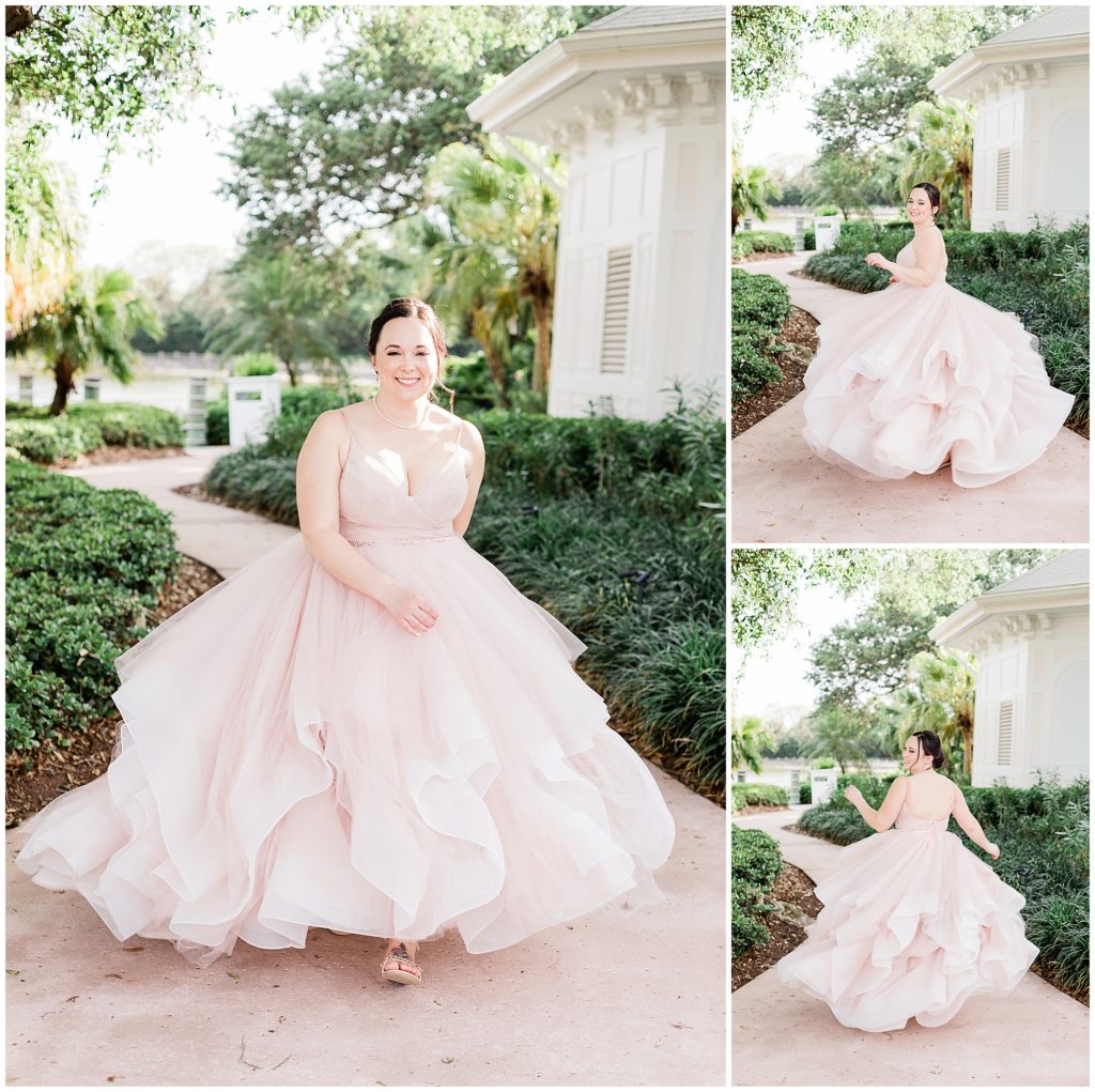 collage of Disney bride twirling and walking in pink wedding gown 