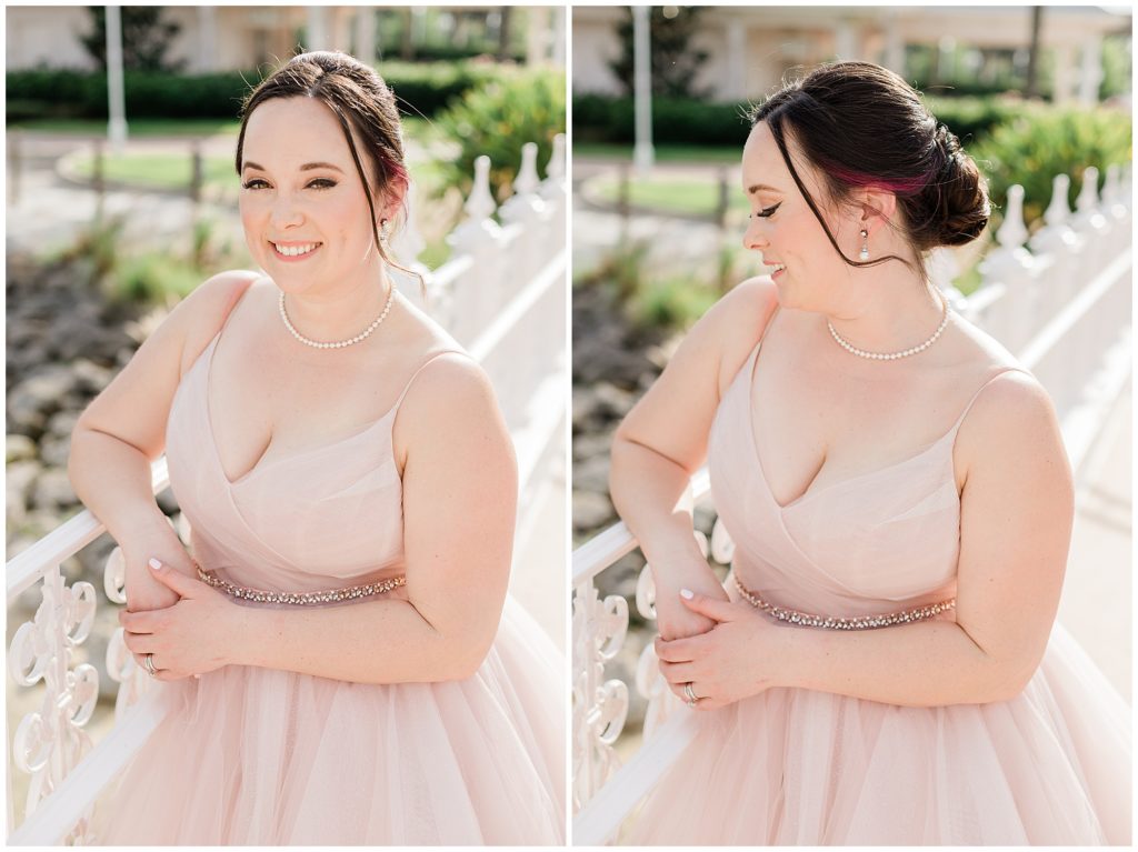 side by side image of Disney bride on walking leaning on railing at Wedding pavilion
