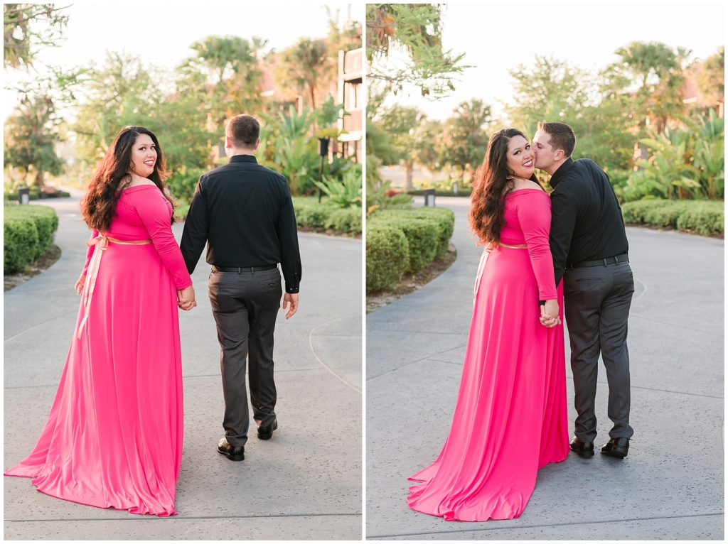 side by side images of couple holding hands walking away and kissing on cheek