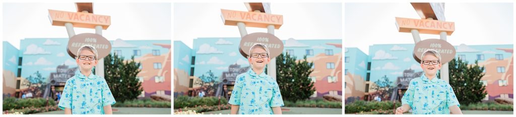 collage of images of boy infront of Cozy Cone Motel spinning sign at Disney