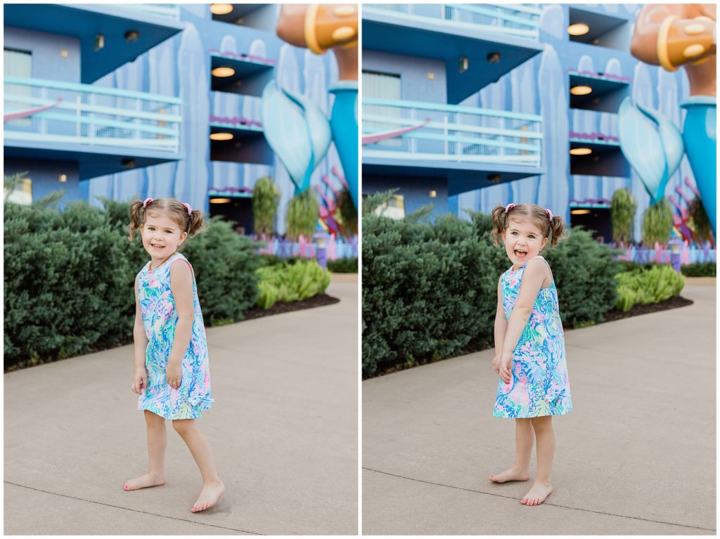 4 year old girl having fun in the Little Mermaid section at Disney's Art of Animation