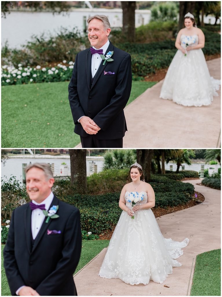 Bride and her Dad doing a first look at Disney's Wedding Pavilion
