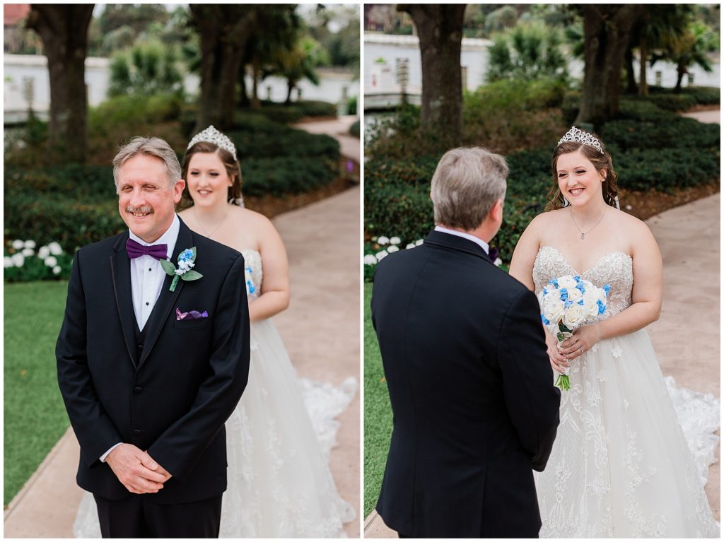 Bride smiling at Dad during first look