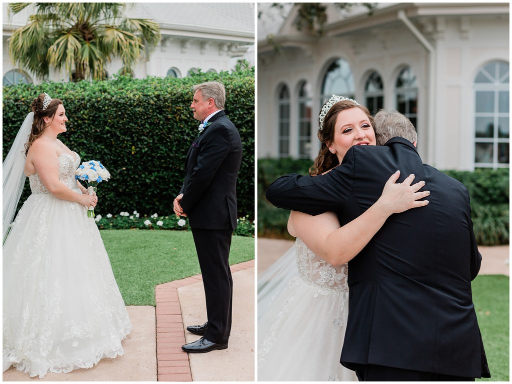 Bride and Dad hugging after first look