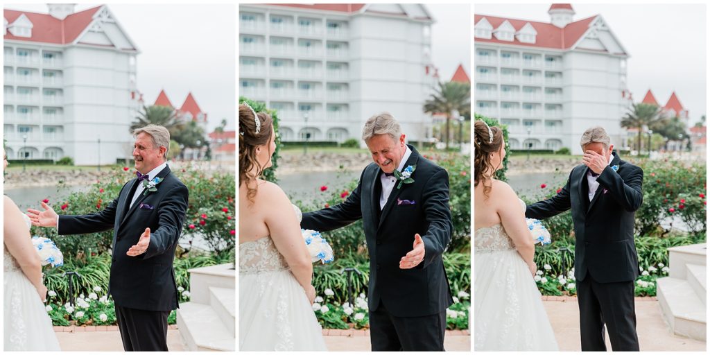 Dad crying with daughter during first look at Disney Wedding