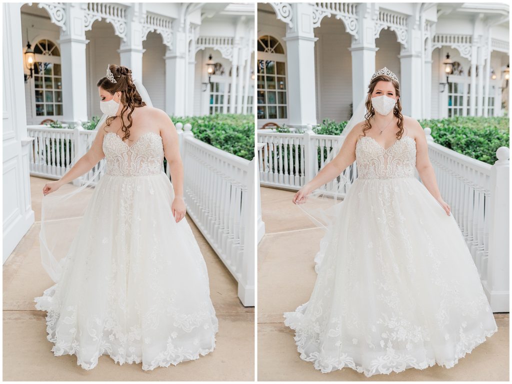 bride outside at the Grand Floridian waiting for carriage