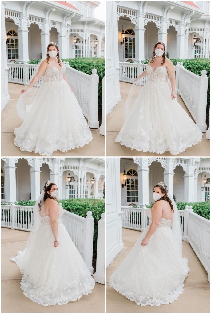collage of bride twirling in her wedding gown