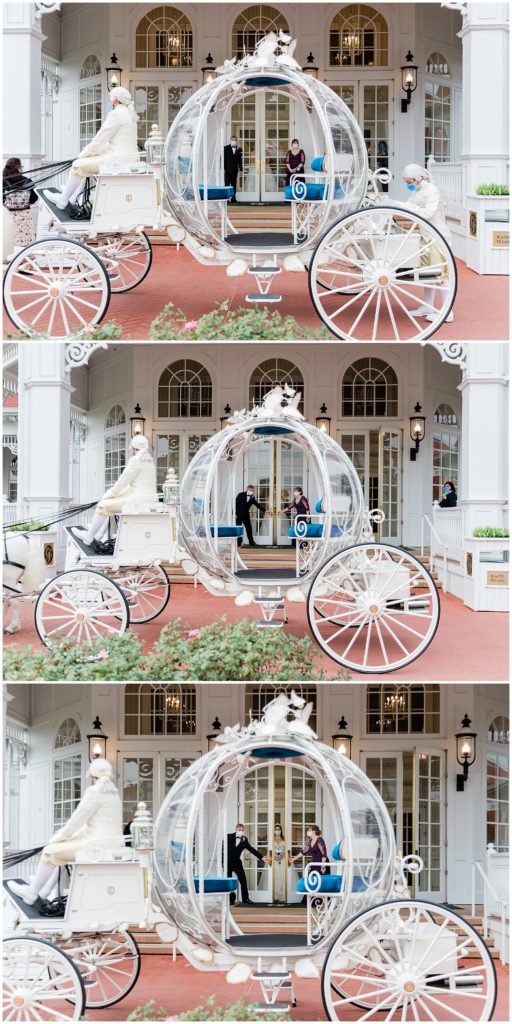 Cinderella's coach picking up bride at the Grand Floridian Resort