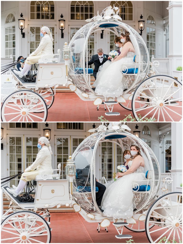 bride and parents sitting inside Cinderella's Coach