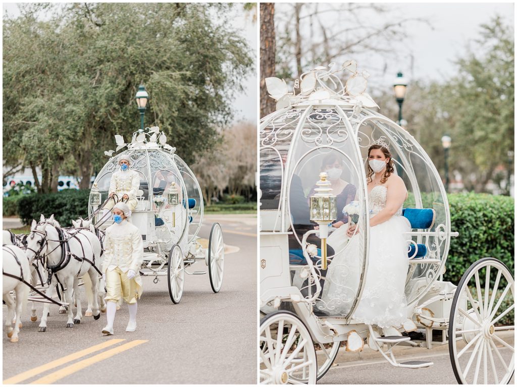 Bride in Cinderella's Coach riding outfront of the Grand Floridian Resort