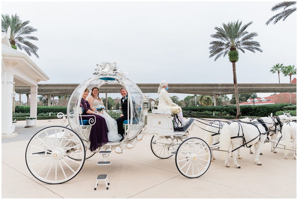 bride and parents pulling up to Disney's Wedding Pavilion