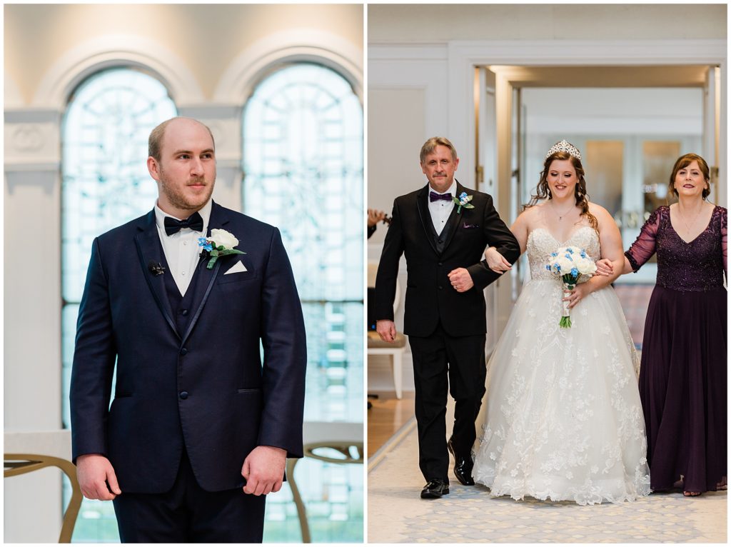 bride and Dad make entrance into Ceremony with grooms reaction