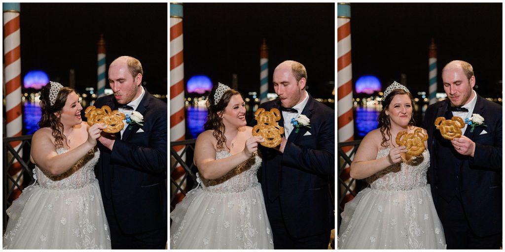 wedding couple eating Mickey pretzels at Disney Wedding in Epcot