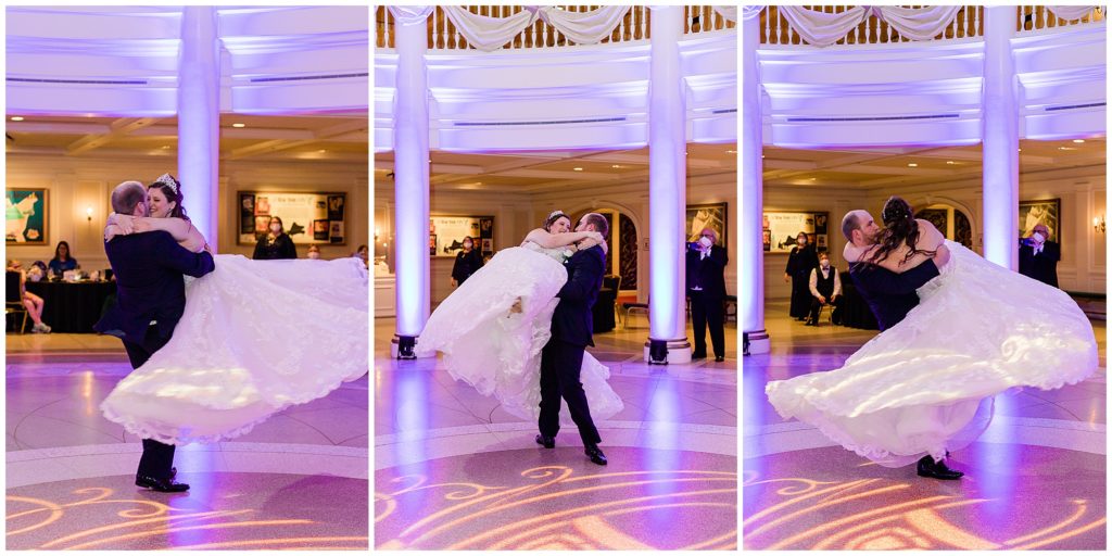 groom picking up bride and twirling her during first dance