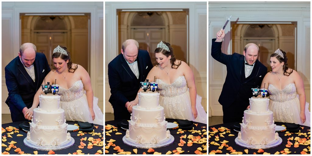 wedding couple cutting Disney wedding cake