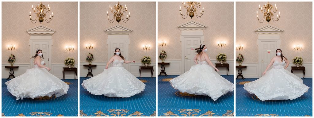 bride twirling in her wedding dress in Disney's American Adventure Venue