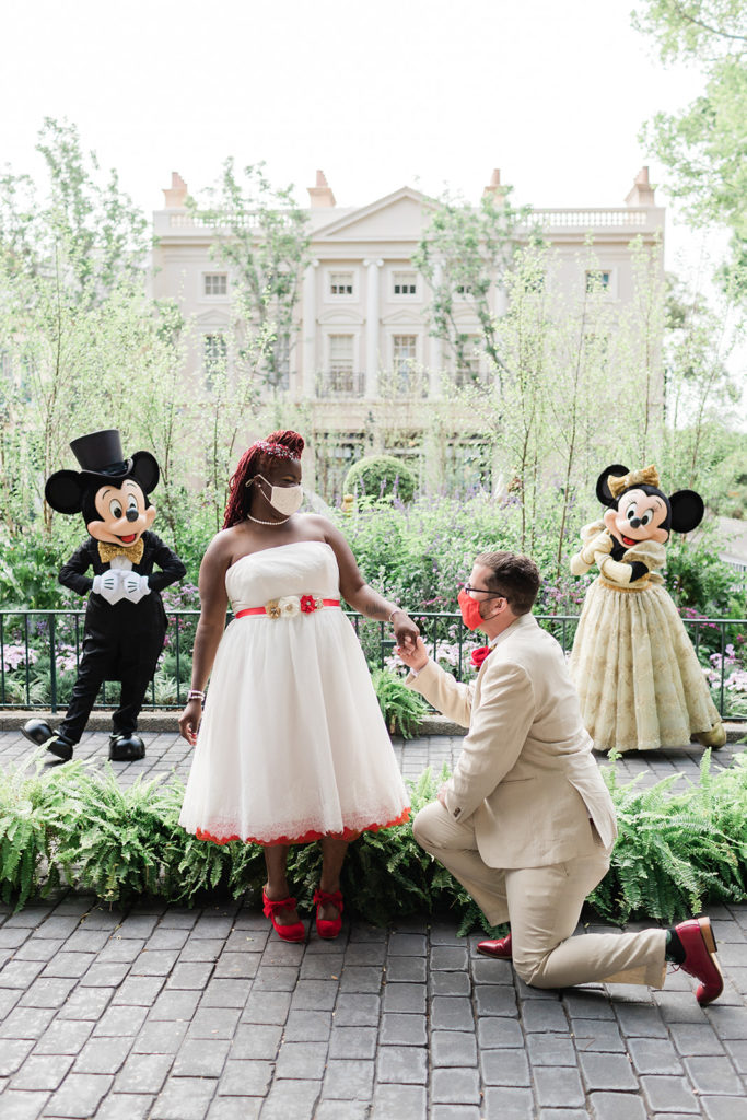 We had couple and family photos there and then Minnie and Mickey joined us. Because of COVID, the 6-foot bubble was in effect when this wedding took place but the couple was really willing to work with the new rules to still get some awesome, heartfelt and memorable photos to capture their day. 
