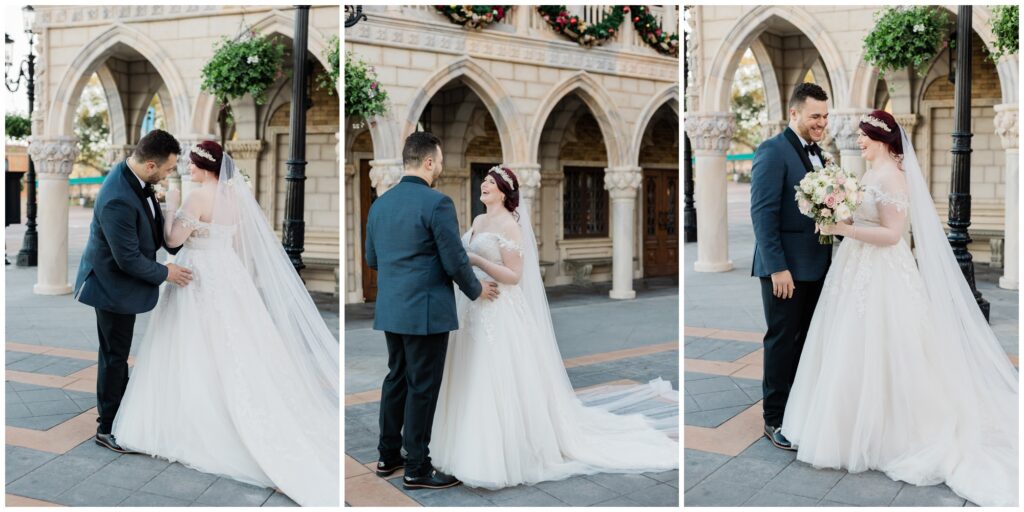 Bride and Groom share first look during their Epcot Wedding at Walt Disney World