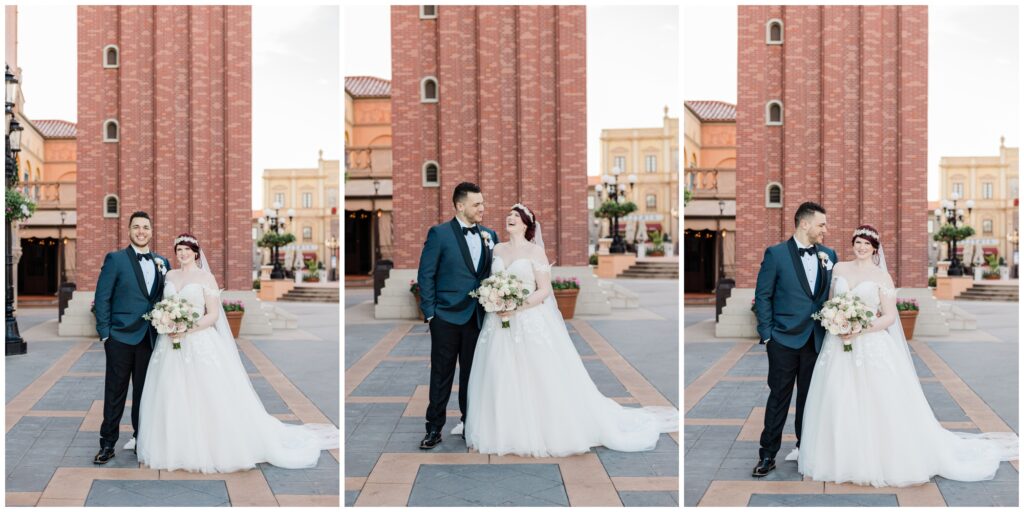 Bride and Groom take portraits in Italy Pavilion during their Epcot Wedding at Walt Disney World