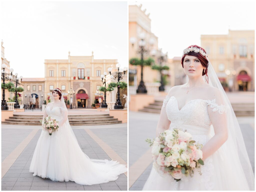 Bride and Groom take portraits in Italy Pavilion during their Epcot Wedding at Walt Disney World