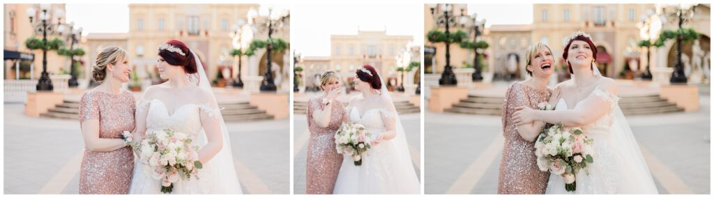 Bride and Mom take portraits in Italy Pavilion during their Epcot Wedding at Walt Disney World