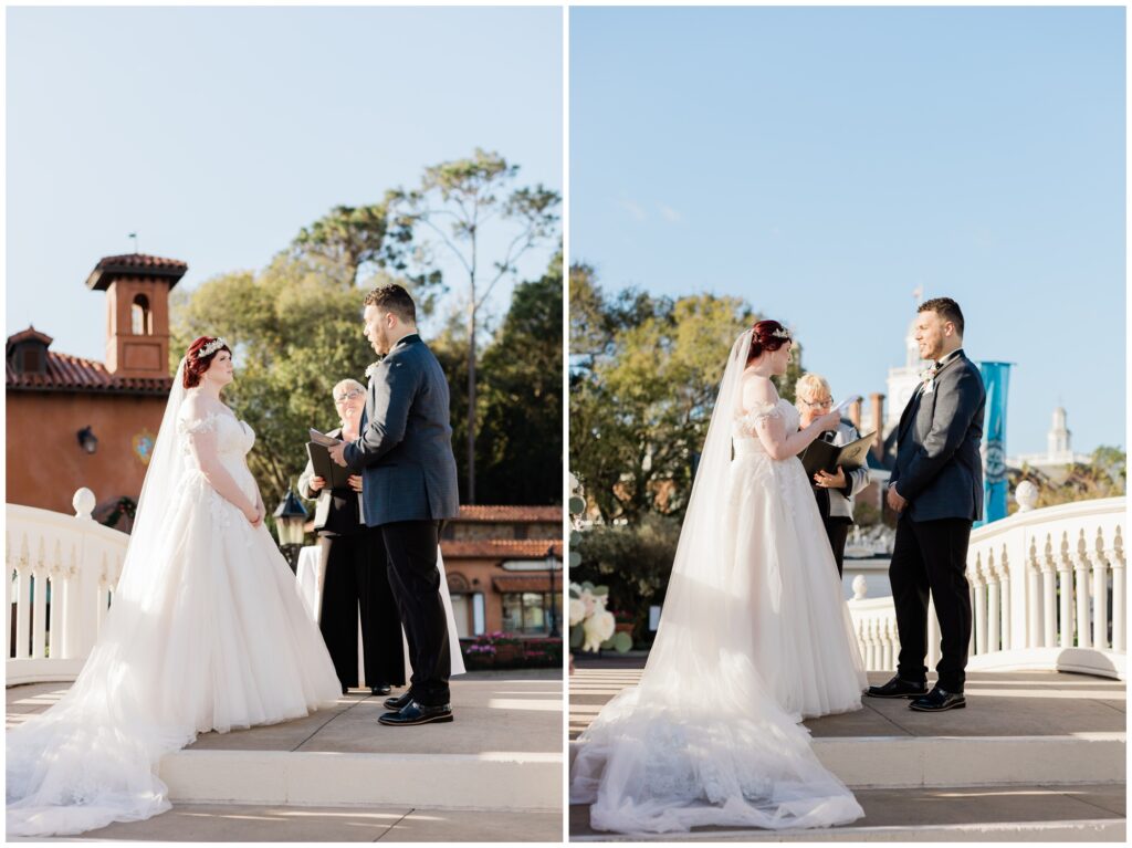 bride and groom exchange rings during their Epcot Wedding at Walt Disney World